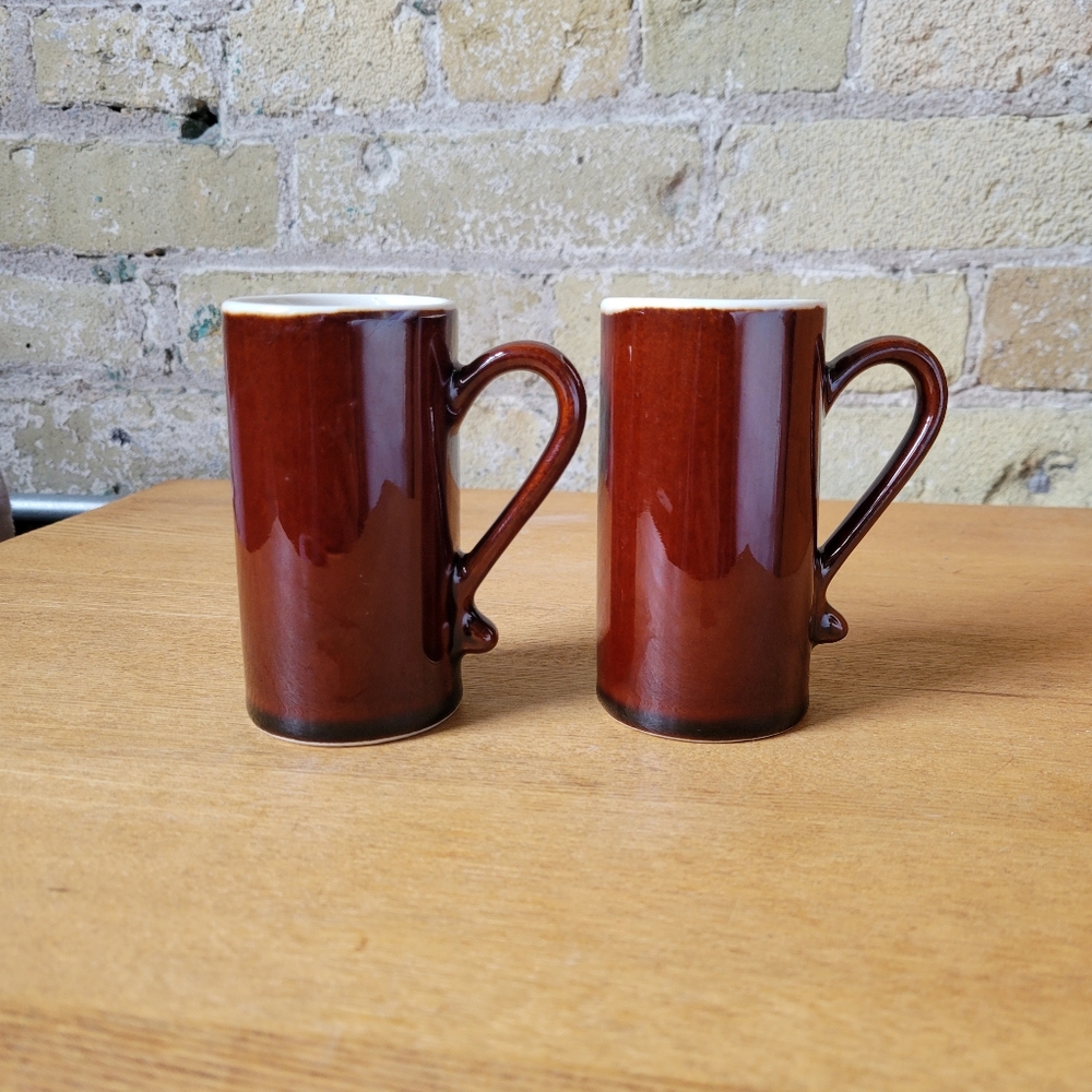 Vintage Mid Cenutry Brown Cream Galzed Expresso Mugs, Set of 2